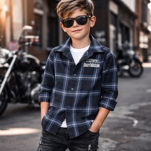Harley-Davidson Kids Blue Black Plaid Shirt | 100% Cotton Button Up Biker Logo